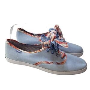 Keds Blue and Plaid Double Lace Canvas Sneakers Shoes Women's 10 Summer Picnic
